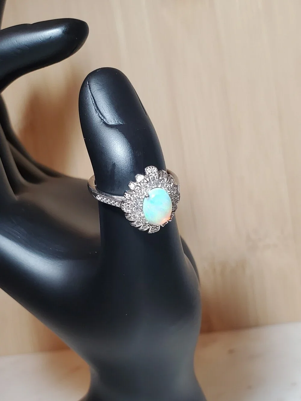 Sunburst Halo Australian White Opal CZ 925 Sterling Silver Adjustable Ring